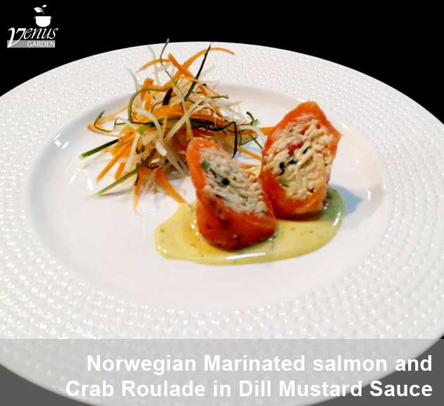 Norwegian marinated salmon and crab roulade in dill mustard sauce
