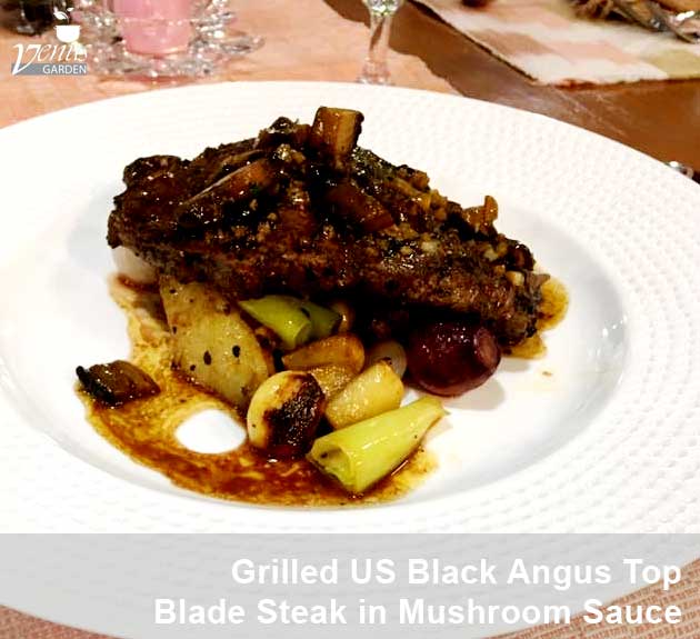 grilled US black angus top blade steak in mushroom sauce at Venus Garden