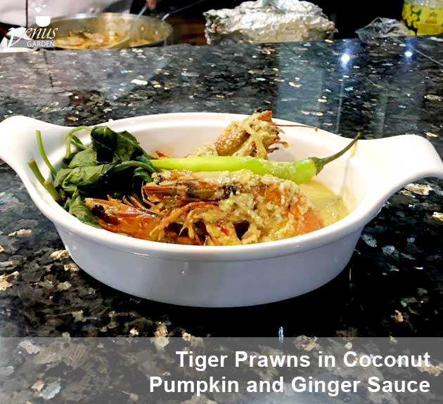 tiger prawns in coconut pumpkin and ginger sauce at Venus Garden